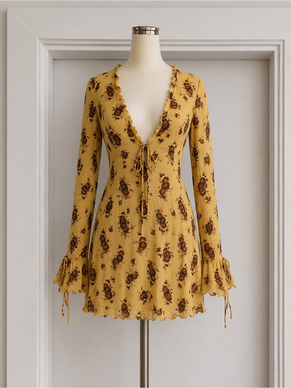 RESA SLOANE - Mustard Floral Long-Sleeve Mini Dress